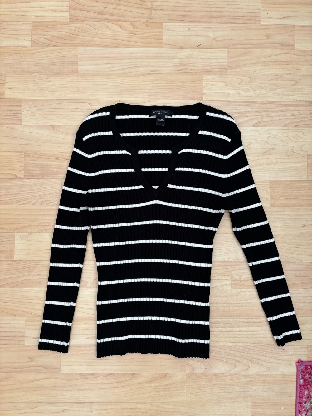 august silk Black & White Striped V-Neck Ribbed Long Sleeve Top